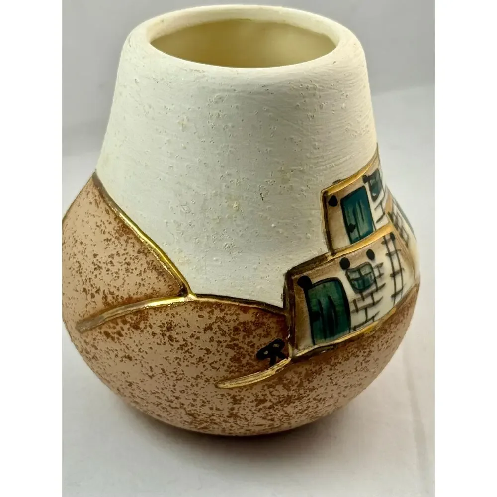BJ Gore San Jon NM Hand Painted Studio Art Pottery Vase Southwest Pueblo 4.5
